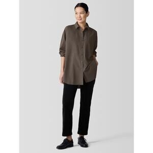 Eileen Fisher Brown Washed Organic Cotton Poplin Classic Collar Long Shirt sz M